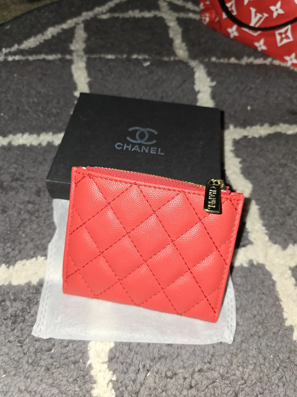Quilted Red Leather Coin Pouch with Gold CC - Picture 2 of 7